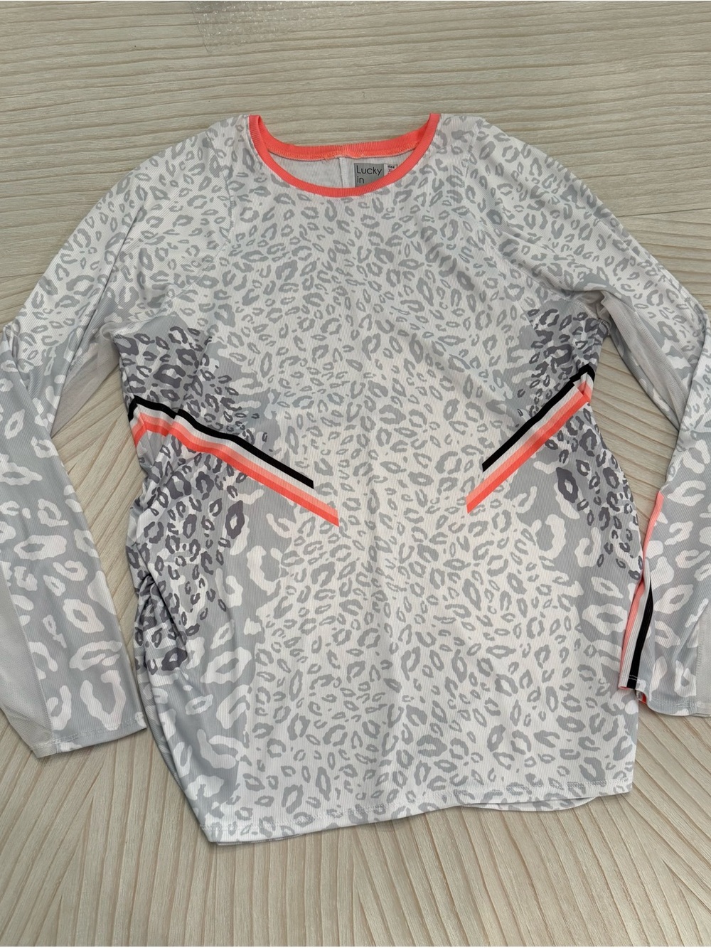 Lucky in Love White & Gray Leopard Print Long Sleeve Tee with Neon Coral Accents - Picture 6 of 6